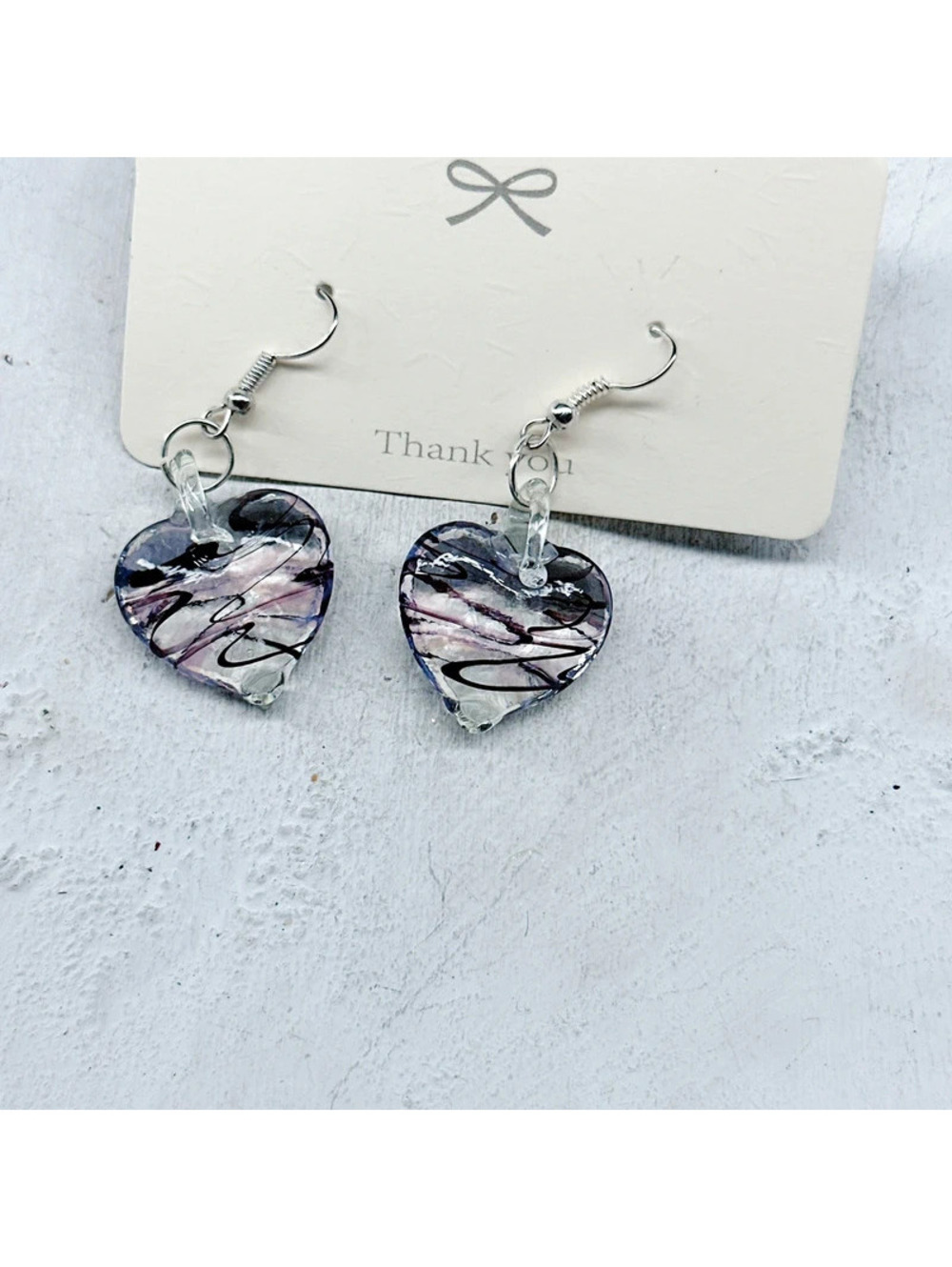 6294mc. Pink Heart Art Glass Earrings